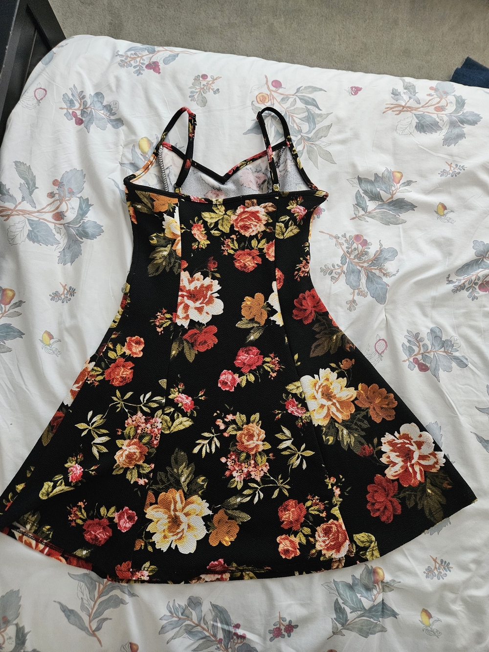 Ambiance Black Floral Mini Slip Dress with Red and Mustard Blooms - Picture 2 of 3